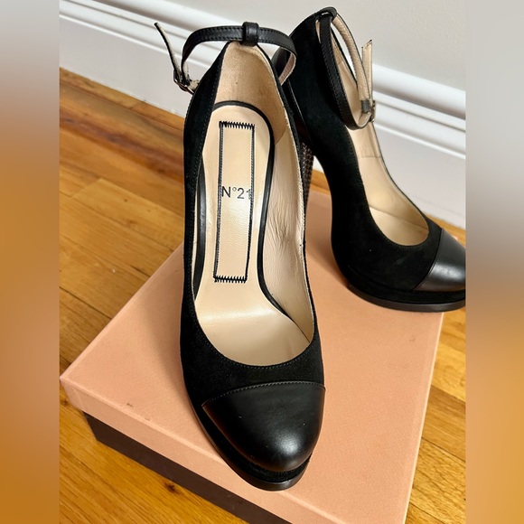 N°21 Black Suede And Leather Block Heel Ankle Strap Pumps Size 37 - Picture 7 of 16